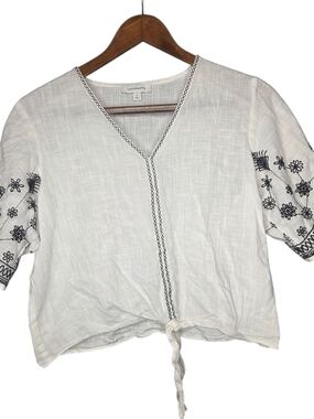 Calligraphie White Embroidered Tie-Front V-Neck Top 100% Cotton Size Small